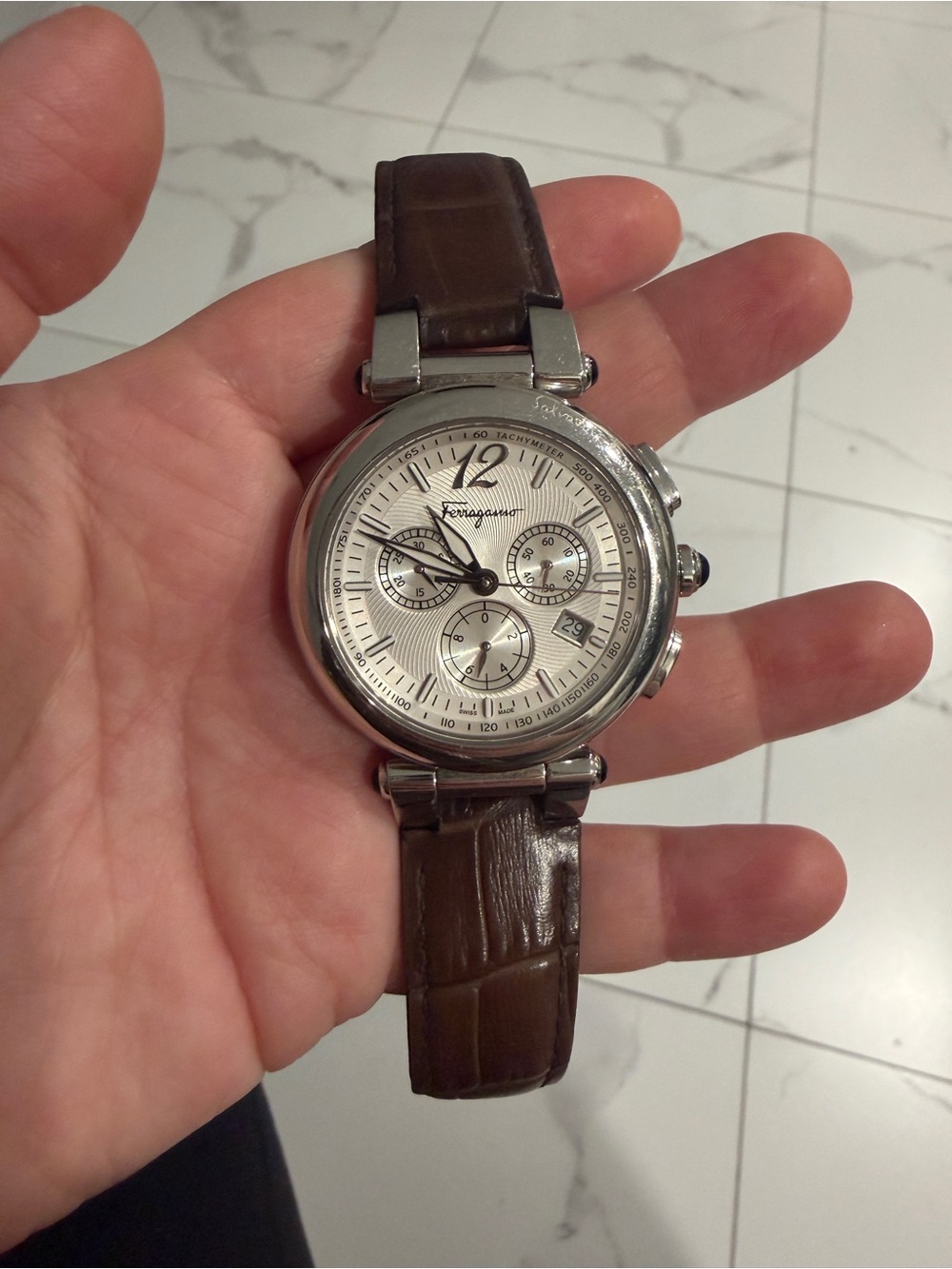 Salvatore Ferragamo Brown Leather Strap Silver Dial Chronograph Watch